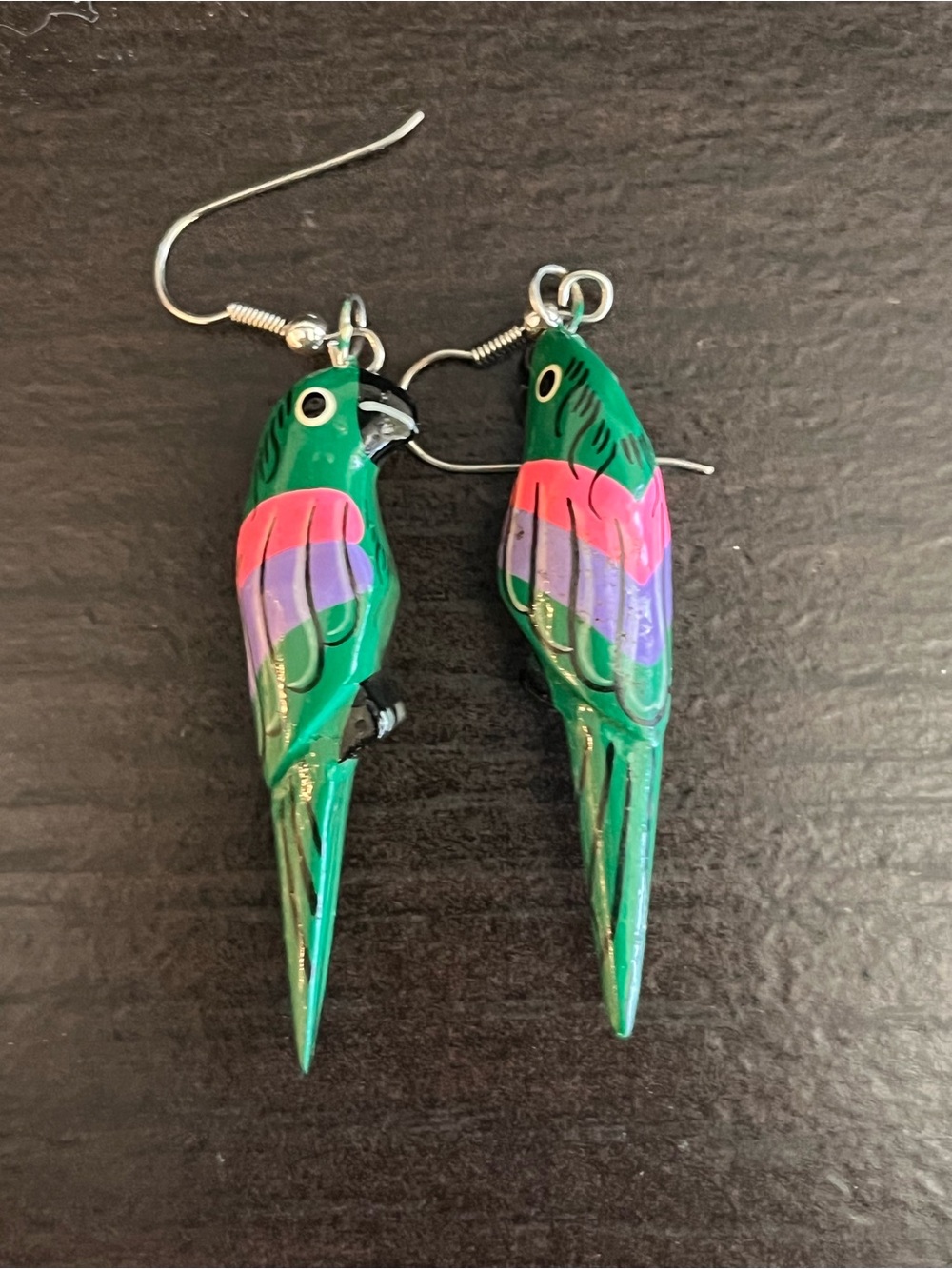 Green Parrot Bird Earrings with Pink & Purple Accents
